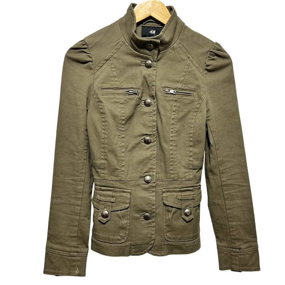 H&M Women Military Style Button Jacket 4 Olive Green Utility Structured Gorpcore